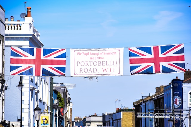 Portobello road with Union Jack Flags and streets