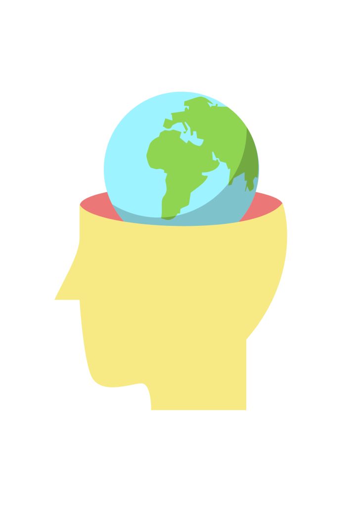 Clip art of yellow man with earth in the centre of his brain