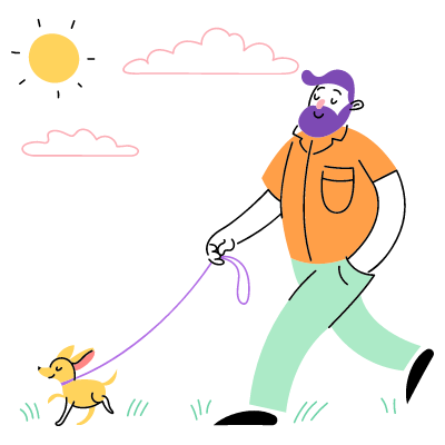 an llustration of man who walking with his dog